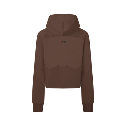 Brown hoodie with a brand logo on the back against a white background