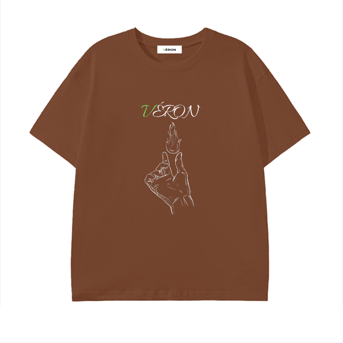 Brown t-shirt with hand gesture design and 'VERON' text on a white background