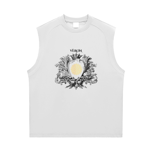 White sleeveless shirt Tank Top with decorative emblem and 'Véron' branding on a white background