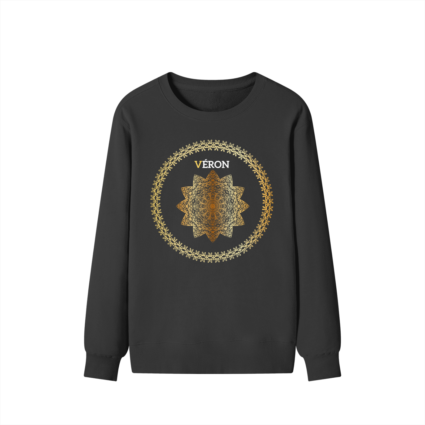 Black sweatshirt with a decorative circular design and 'VERON' text on a white background