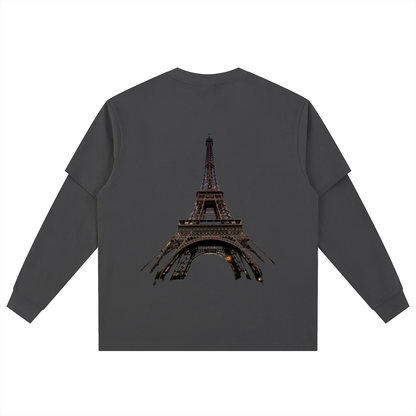 Unisex model pair wearing matching VÉRON Paris oversized shirts 1.

