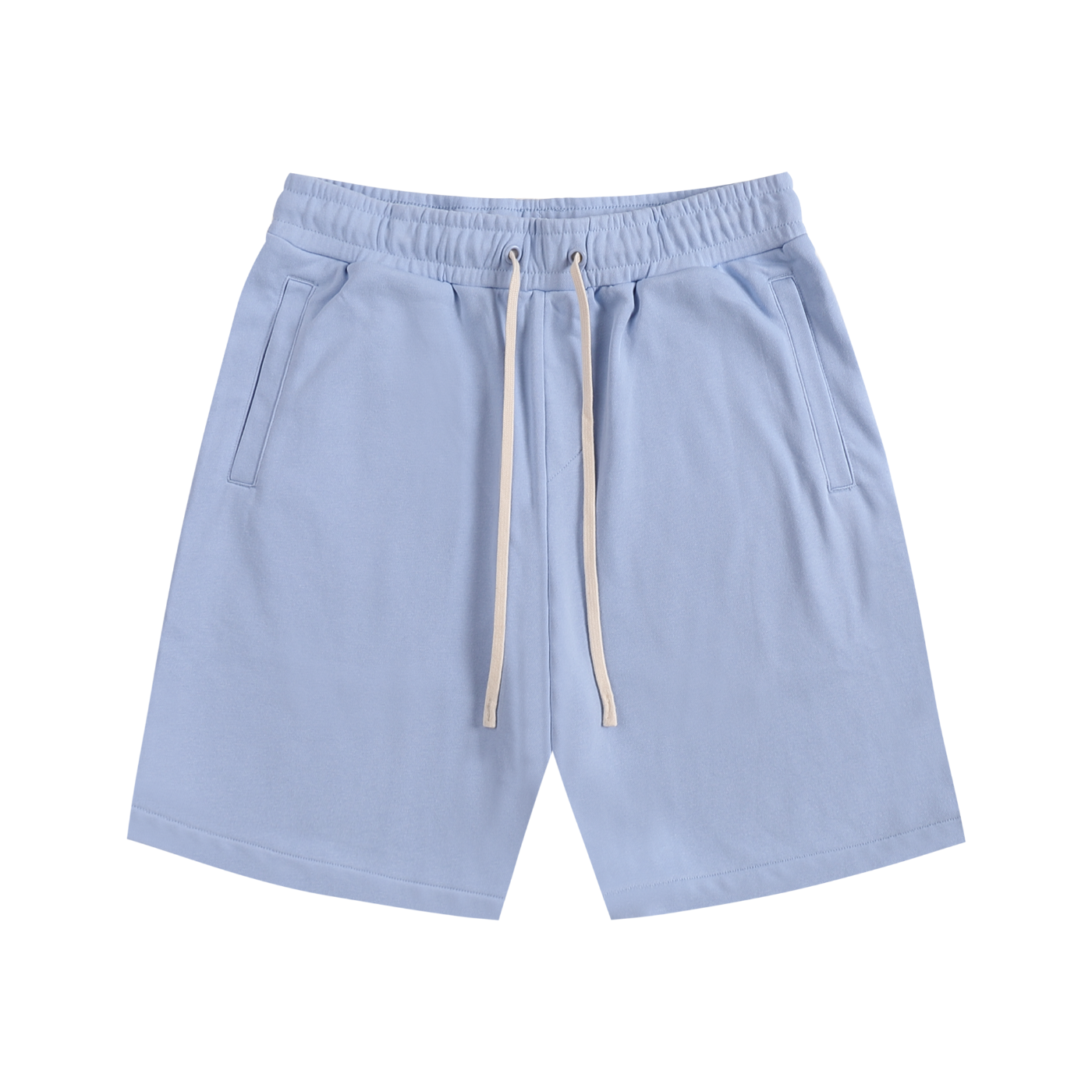 Light blue shorts with a drawstring on a white background