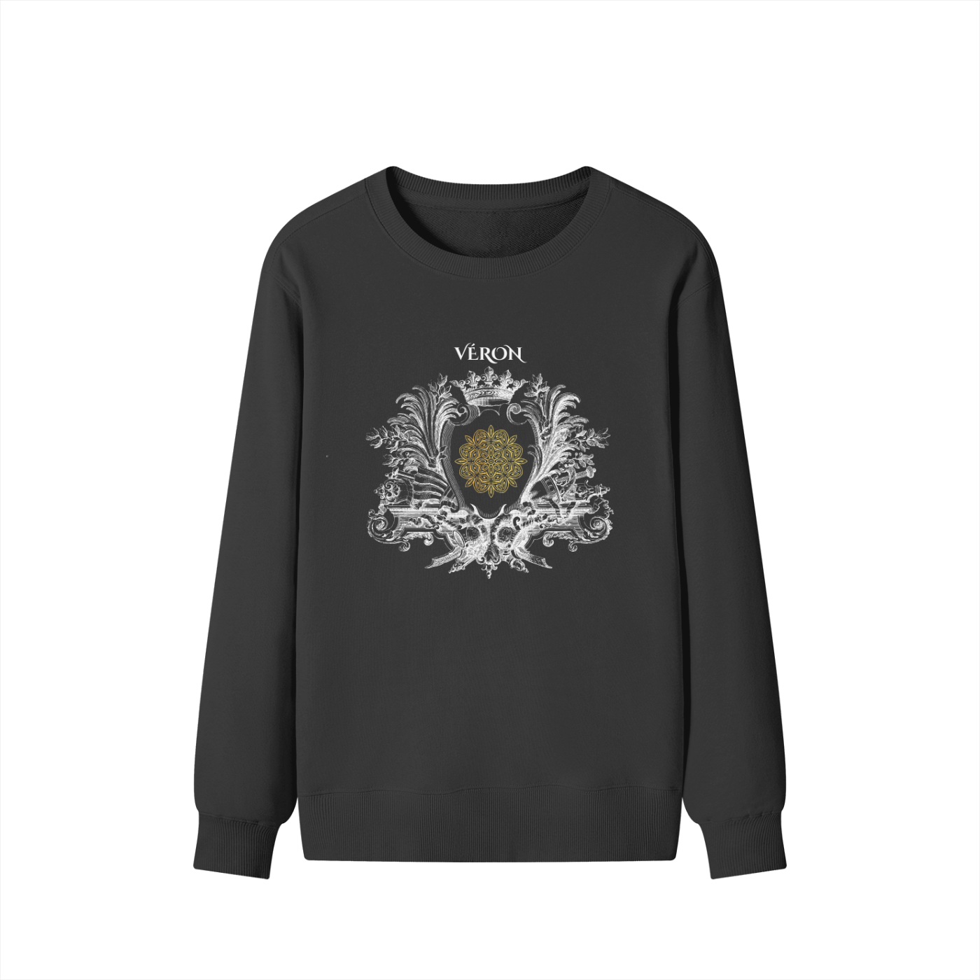 Black sweatshirt with decorative design and 'Véron' text on a white background
