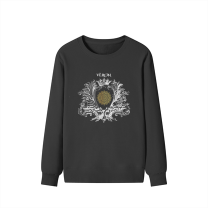 Black sweatshirt with decorative design and 'Véron' text on a white background