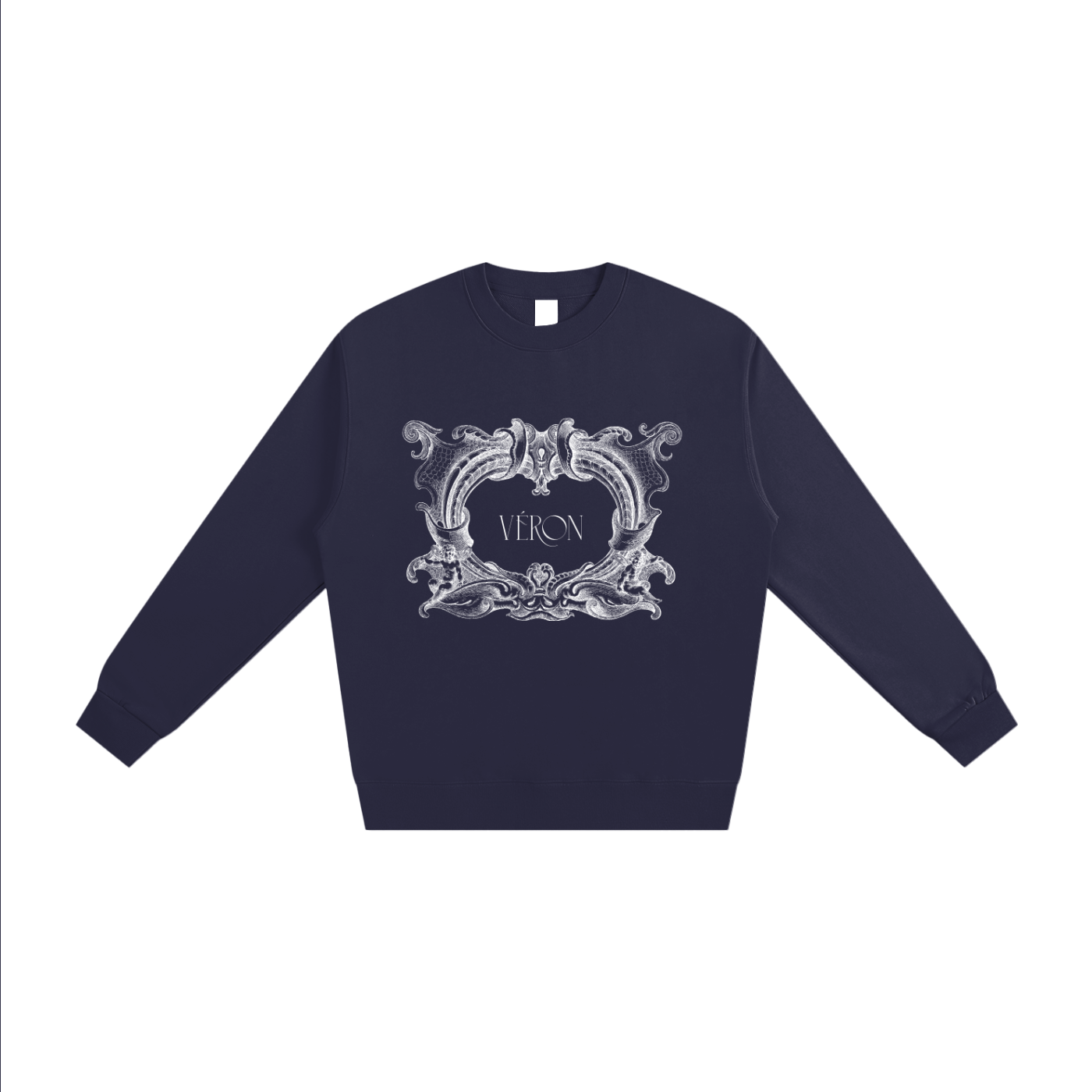 Navy blue sweatshirt with decorative white design and 'VERON' text on a white background
