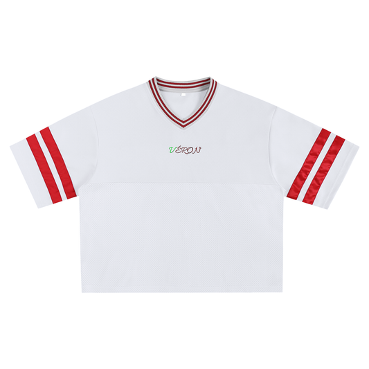 Front view of VÉRON PARIS Unisex Jersey Shirt in bold red and white

