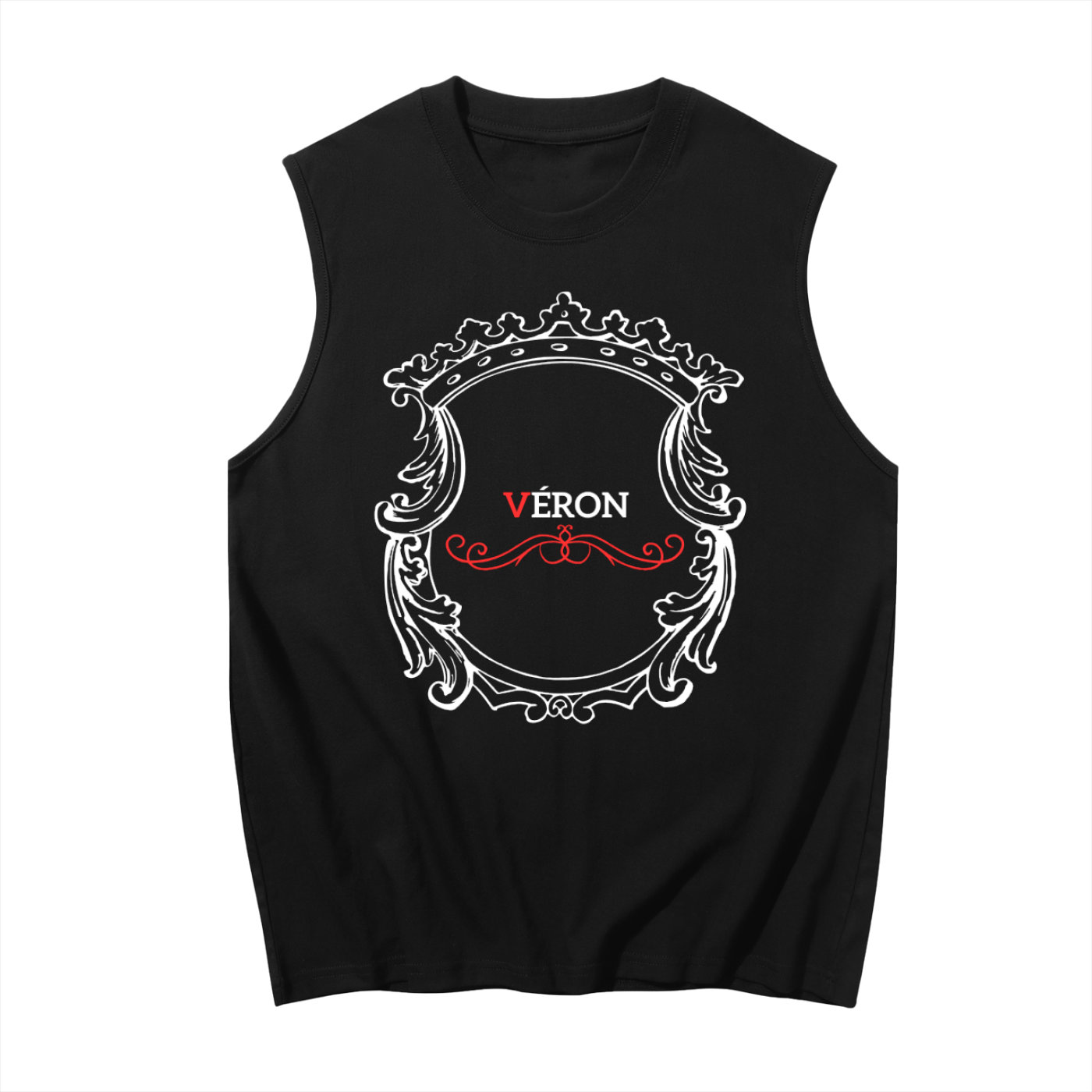 Black sleeveless shirt tank top with decorative emblem and 'Véron' text on a white background