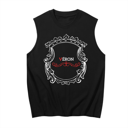Black sleeveless shirt tank top with decorative emblem and 'Véron' text on a white background