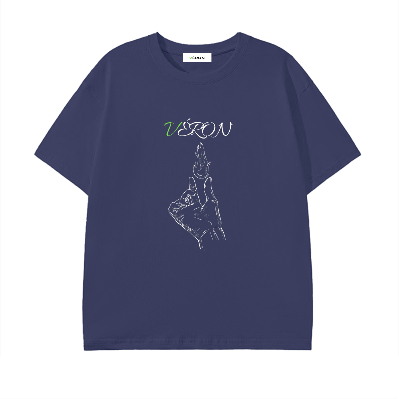 Navy blue t-shirt with a hand gesture design and 'VERON' text on a white background