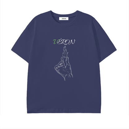 Navy blue t-shirt with a hand gesture design and 'VERON' text on a white background