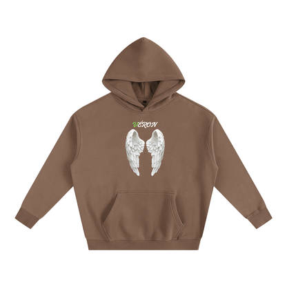 Brown hoodie with angel wings and text design on a white background