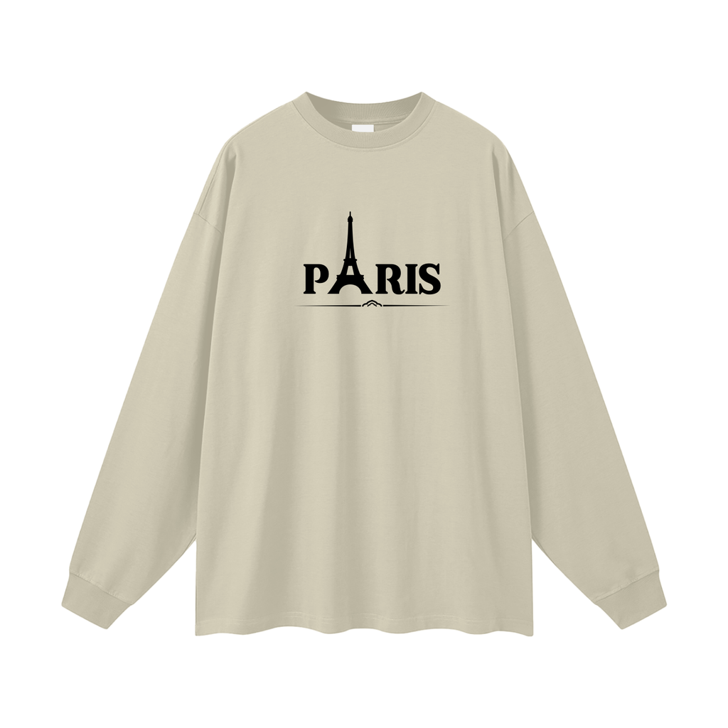 Beige long-sleeve shirt with 'PARIS' and Eiffel Tower design on a white background