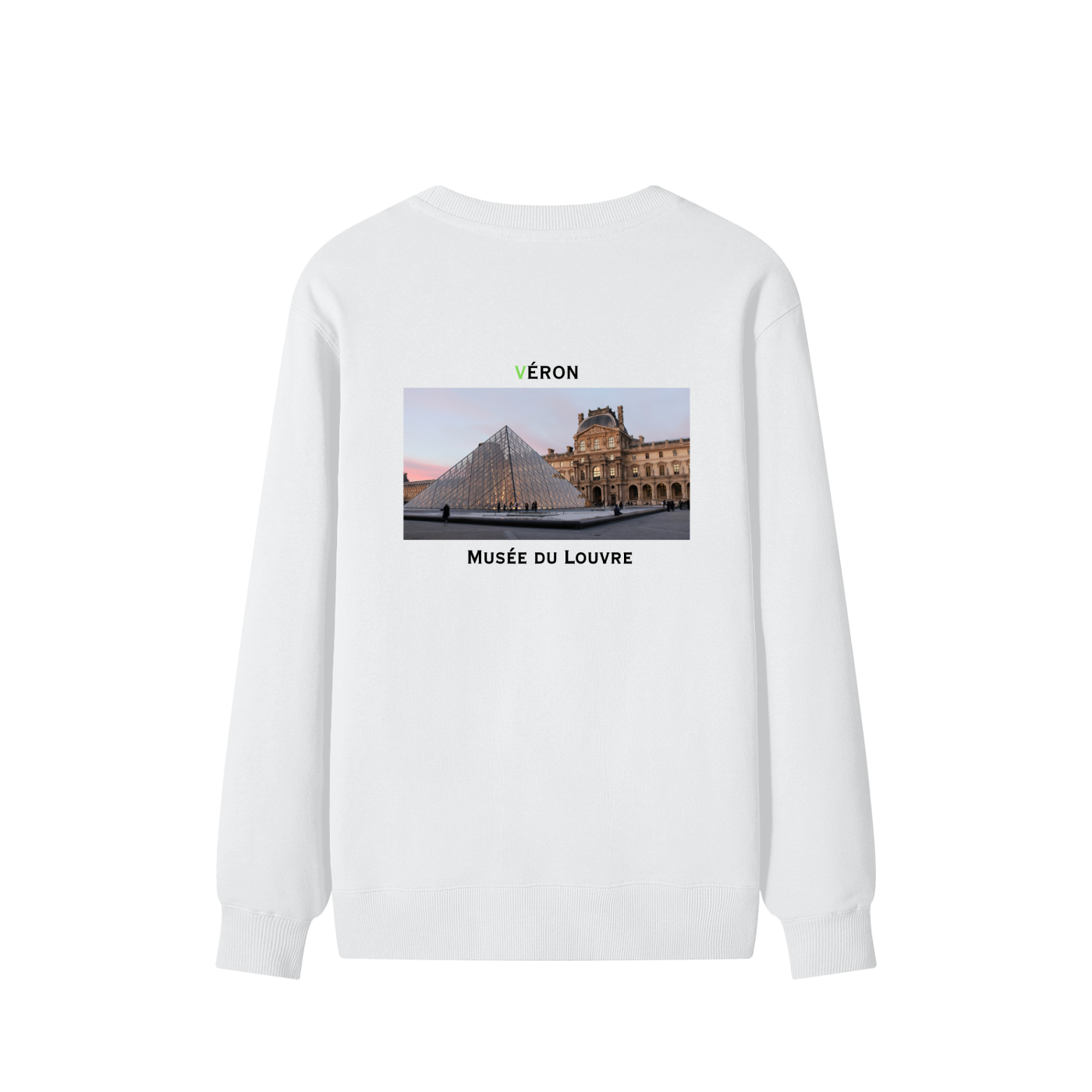 White sweatshirt with a graphic of the Louvre Museum on a white background