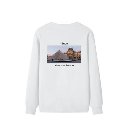White sweatshirt with a graphic of the Louvre Museum on a white background