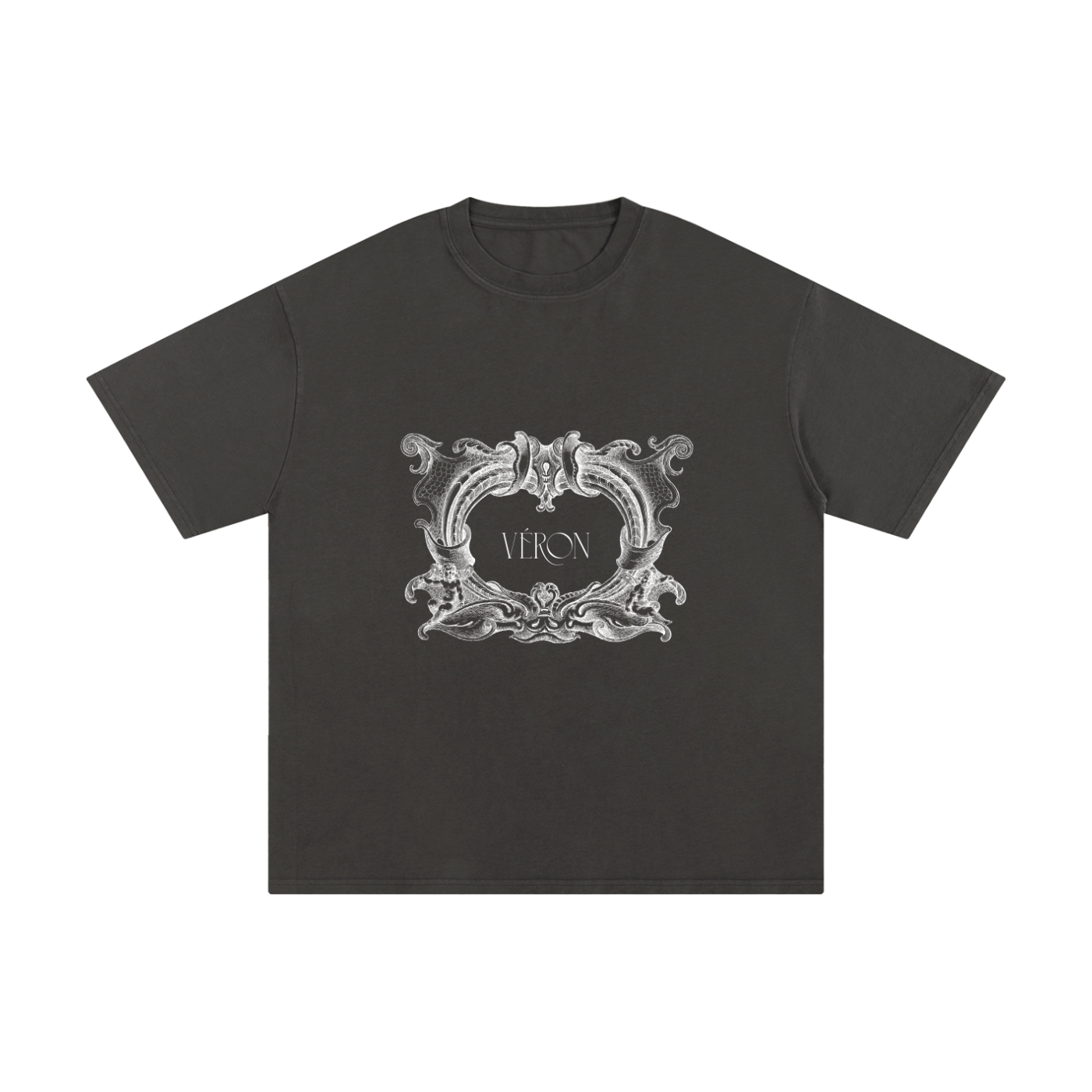 Grey t-shirt with decorative emblem and 'VERON' text on a white background