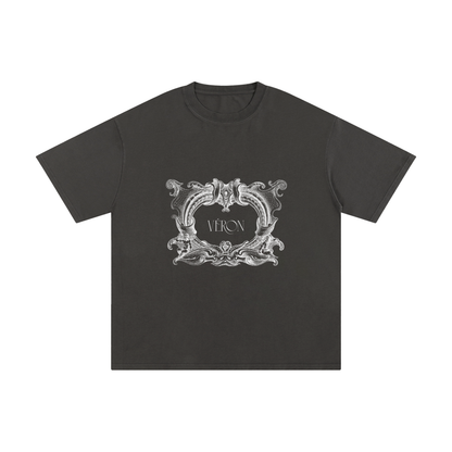 Grey t-shirt with decorative emblem and 'VERON' text on a white background
