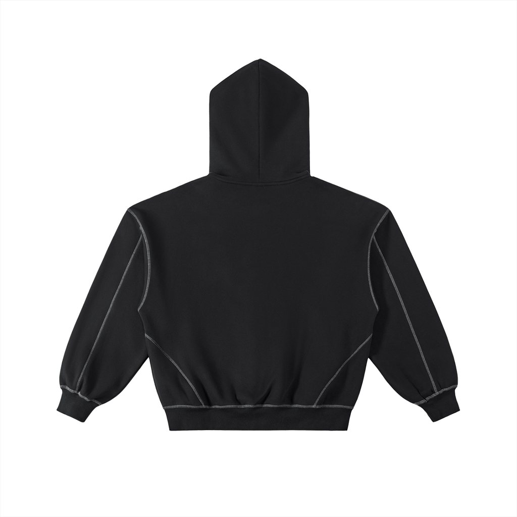 Black hoodie with white stitching on a white background