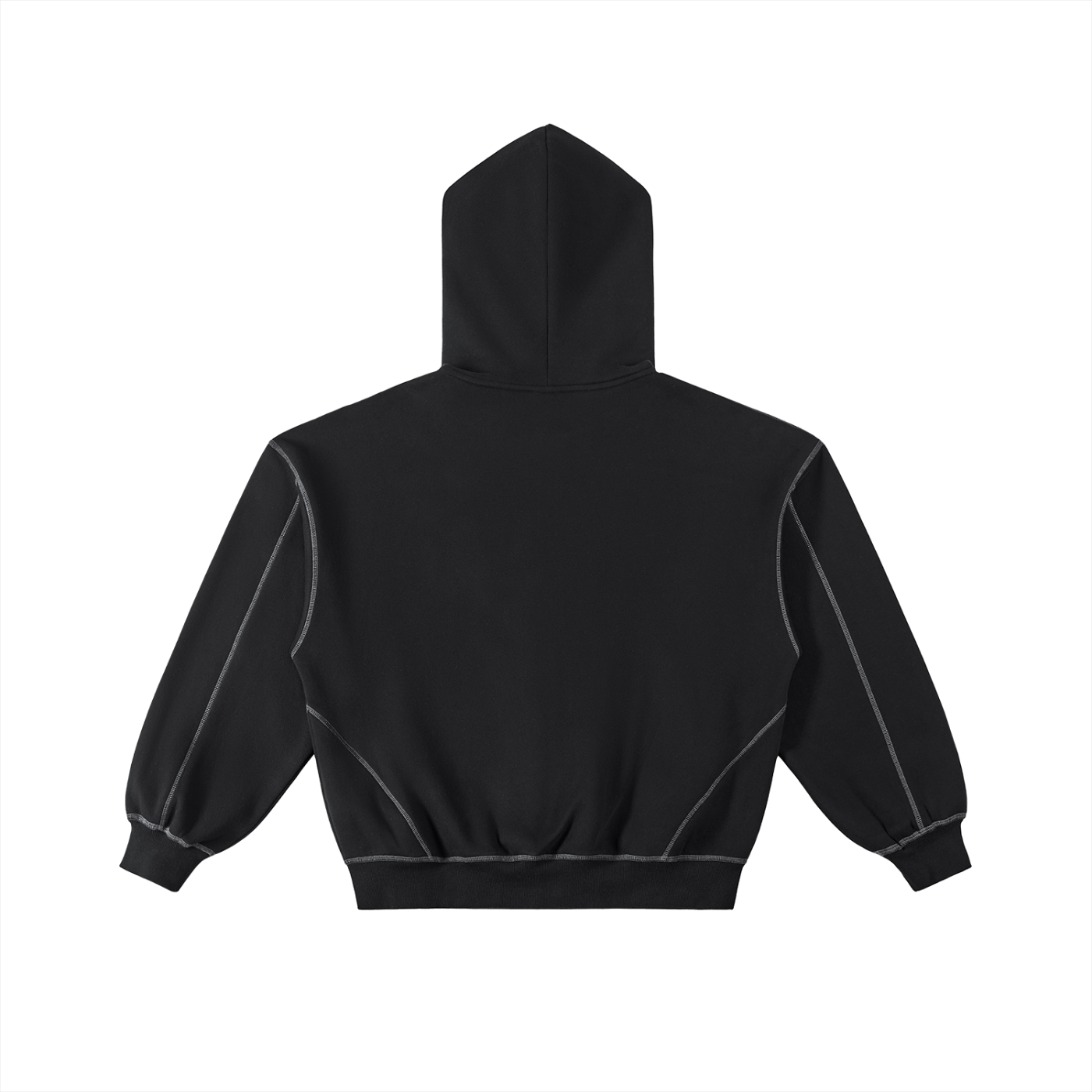 Black hoodie with white stitching on a white background
