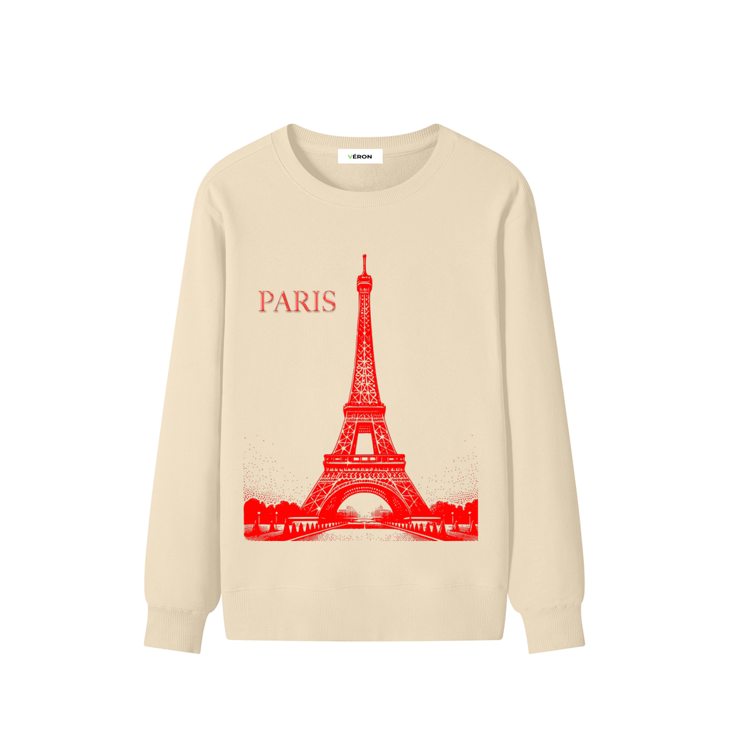 Beige sweatshirt with red Eiffel Tower and 'PARIS' text on a white background