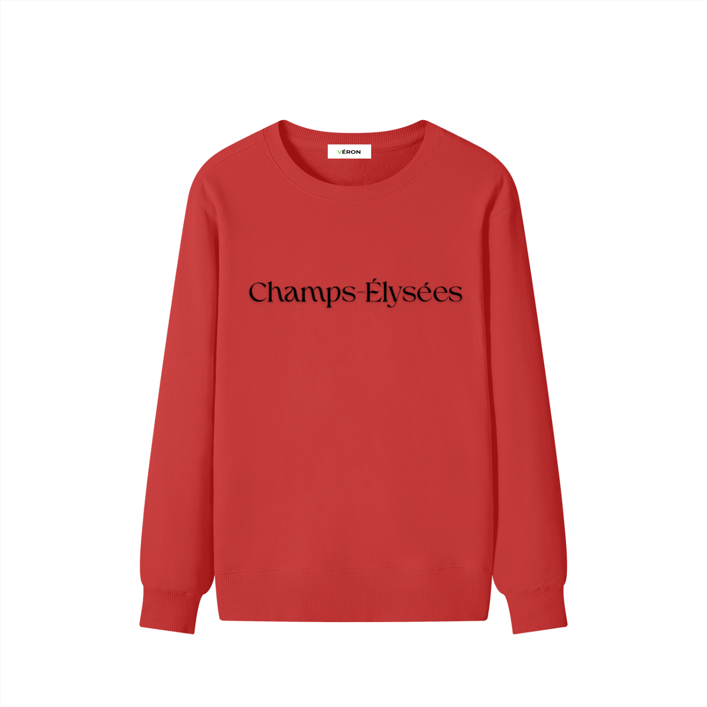 Red sweatshirt with 'Champs Elysees' text on a white background