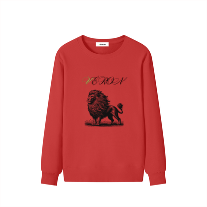 Red sweatshirt with a lion graphic and 'HERON' text on a white background