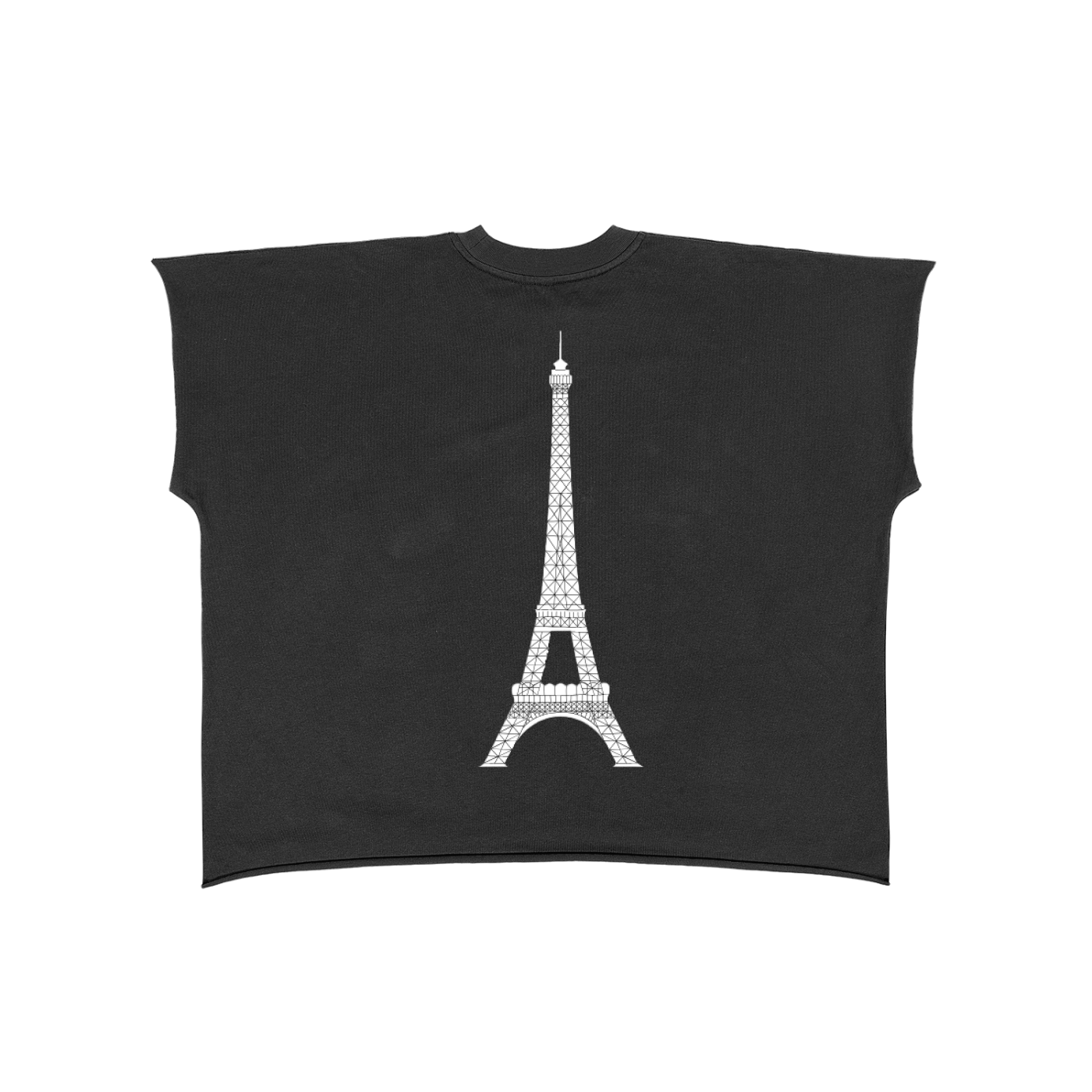 Close-up of bold “ICI C’EST PARIS” graphic on VÉRON tank top. 

