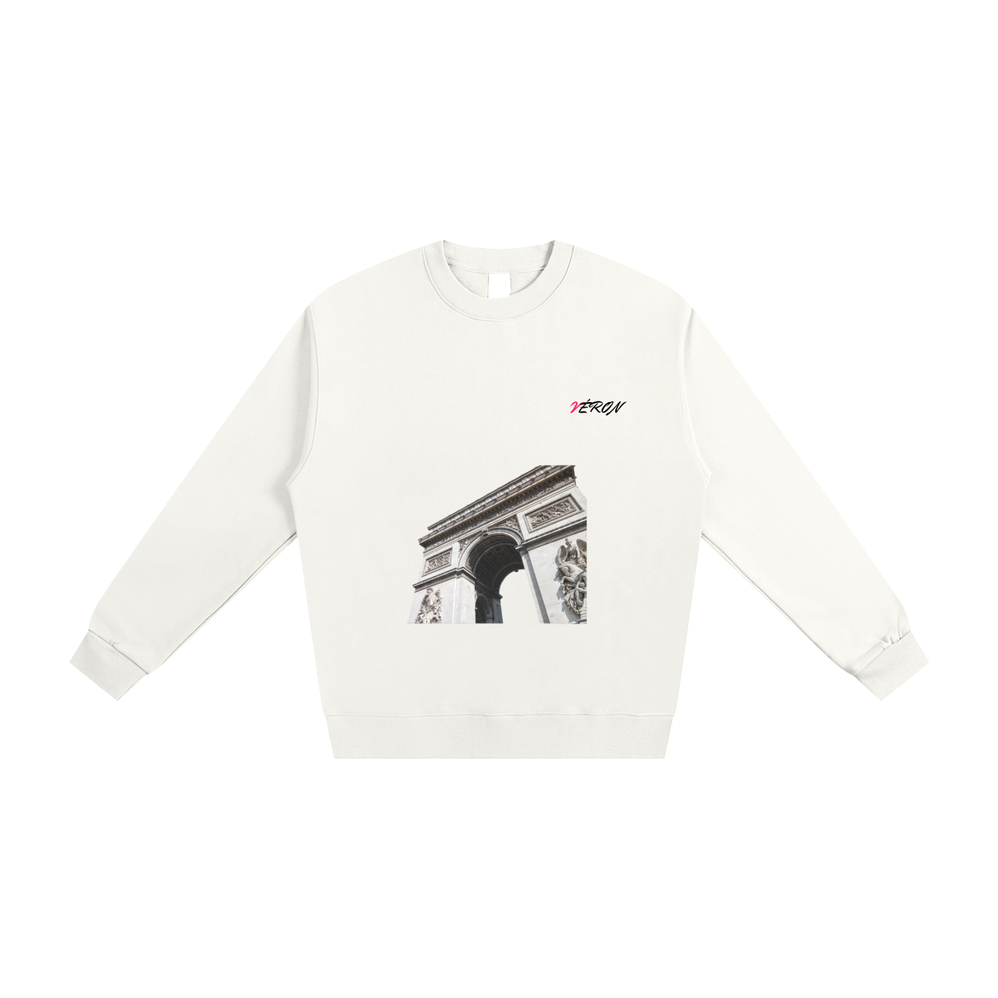 Front view of VÉRON Arc de Triomphe heavyweight unisex premium sweater in white.

