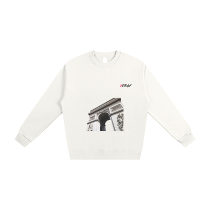 Front view of VÉRON Arc de Triomphe heavyweight unisex premium sweater in white.

