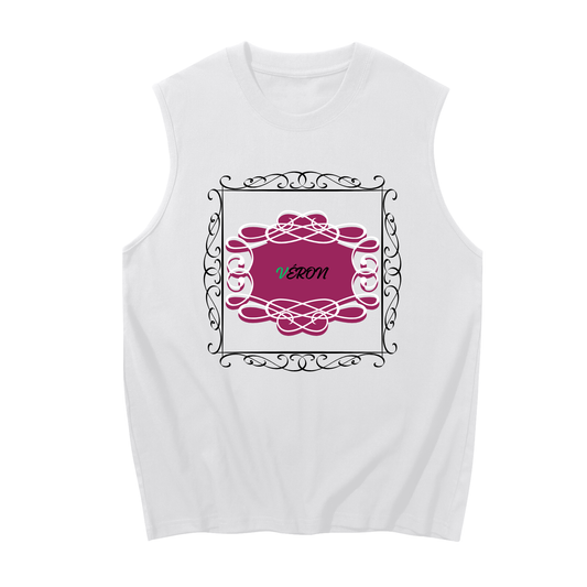 White sleeveless shirt with a pink design and 'Veron' branding on a white background