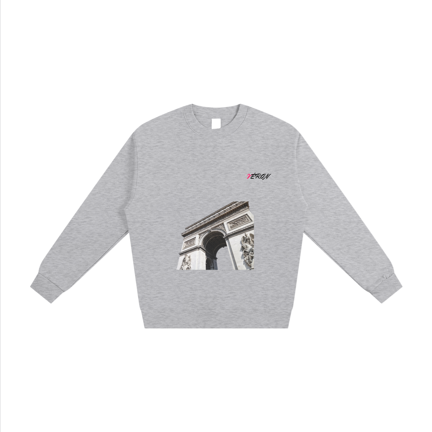 Gray sweatshirt with a graphic design on a white background