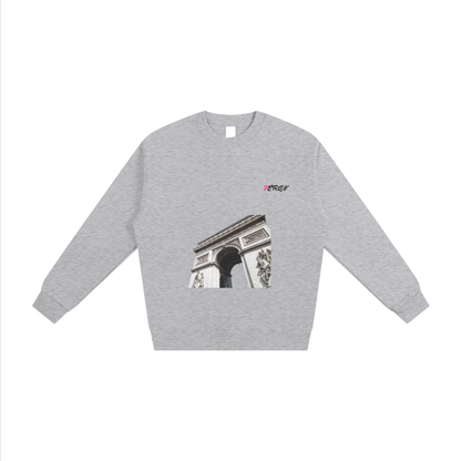 Gray sweatshirt with a graphic design on a white background
