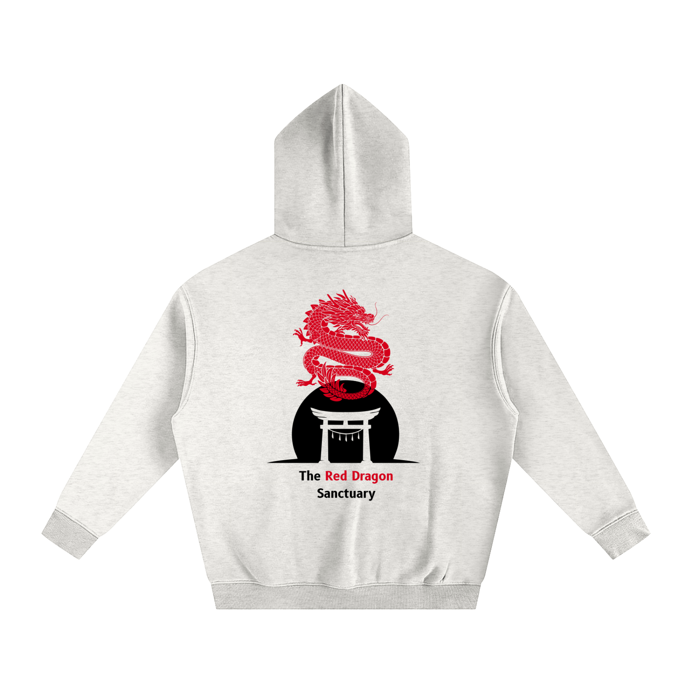 White hoodie with red dragon design on the back against a white background