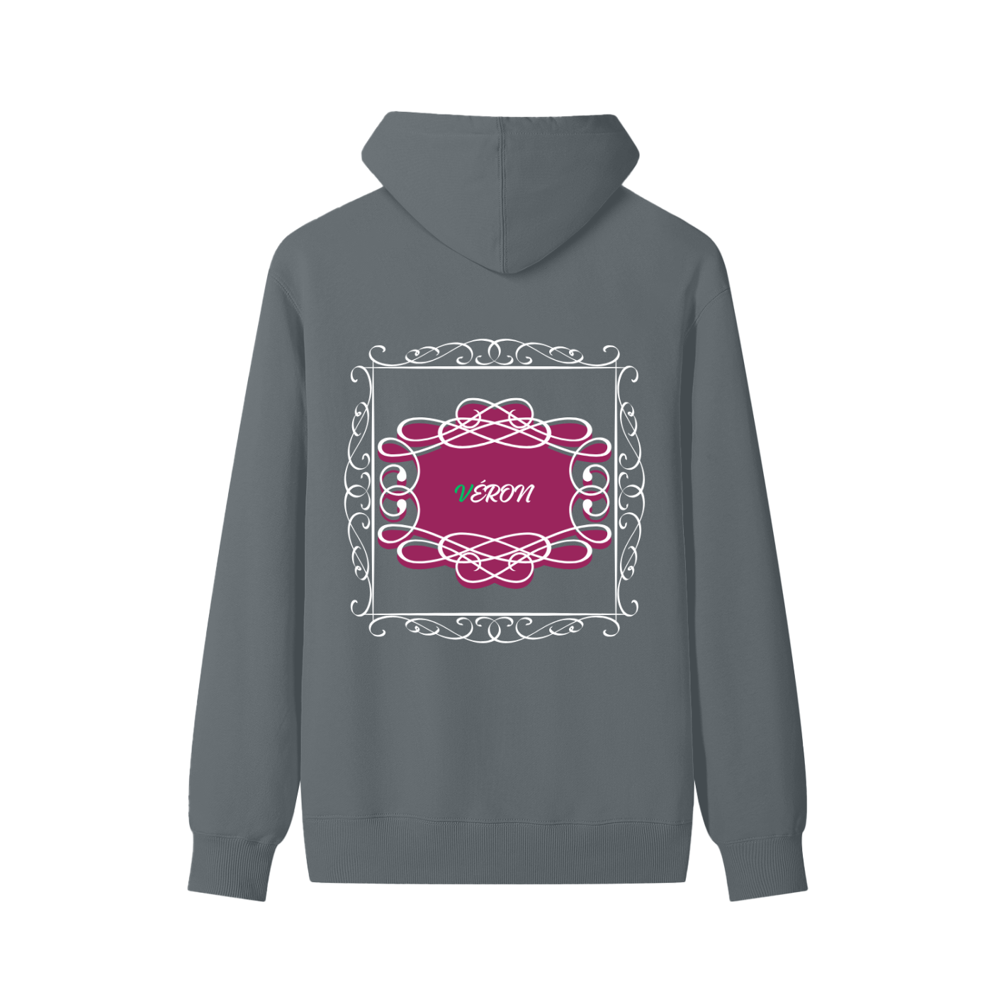 VERON Gray hoodie with a pink and white design on the back 