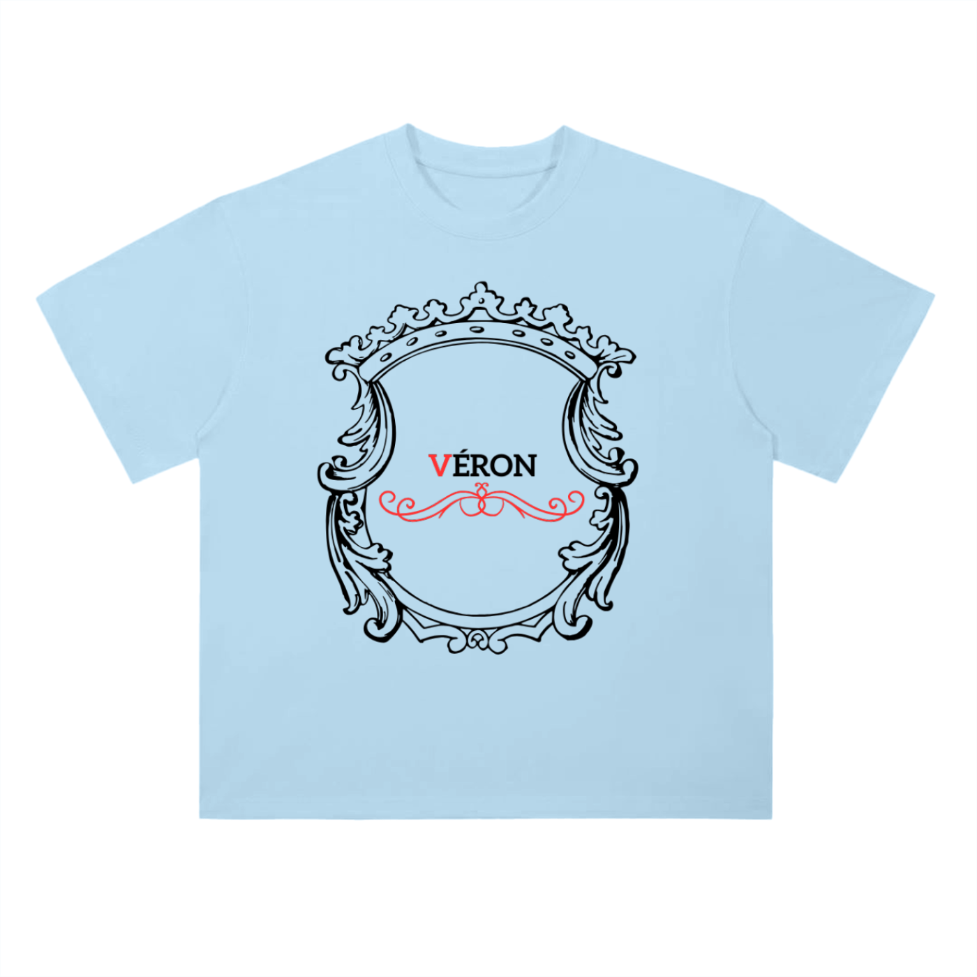 Light blue t-shirt with decorative emblem and 'Véron' text on a white background