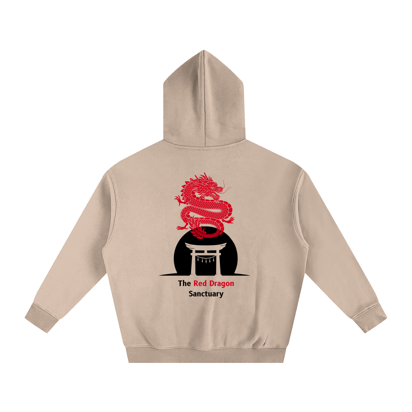 Beige hoodie with red dragon design on the back on a white background