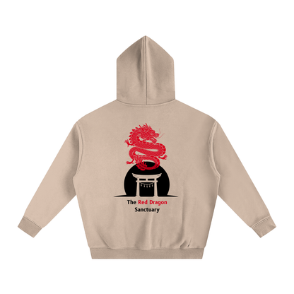 Beige hoodie with red dragon design on the back on a white background