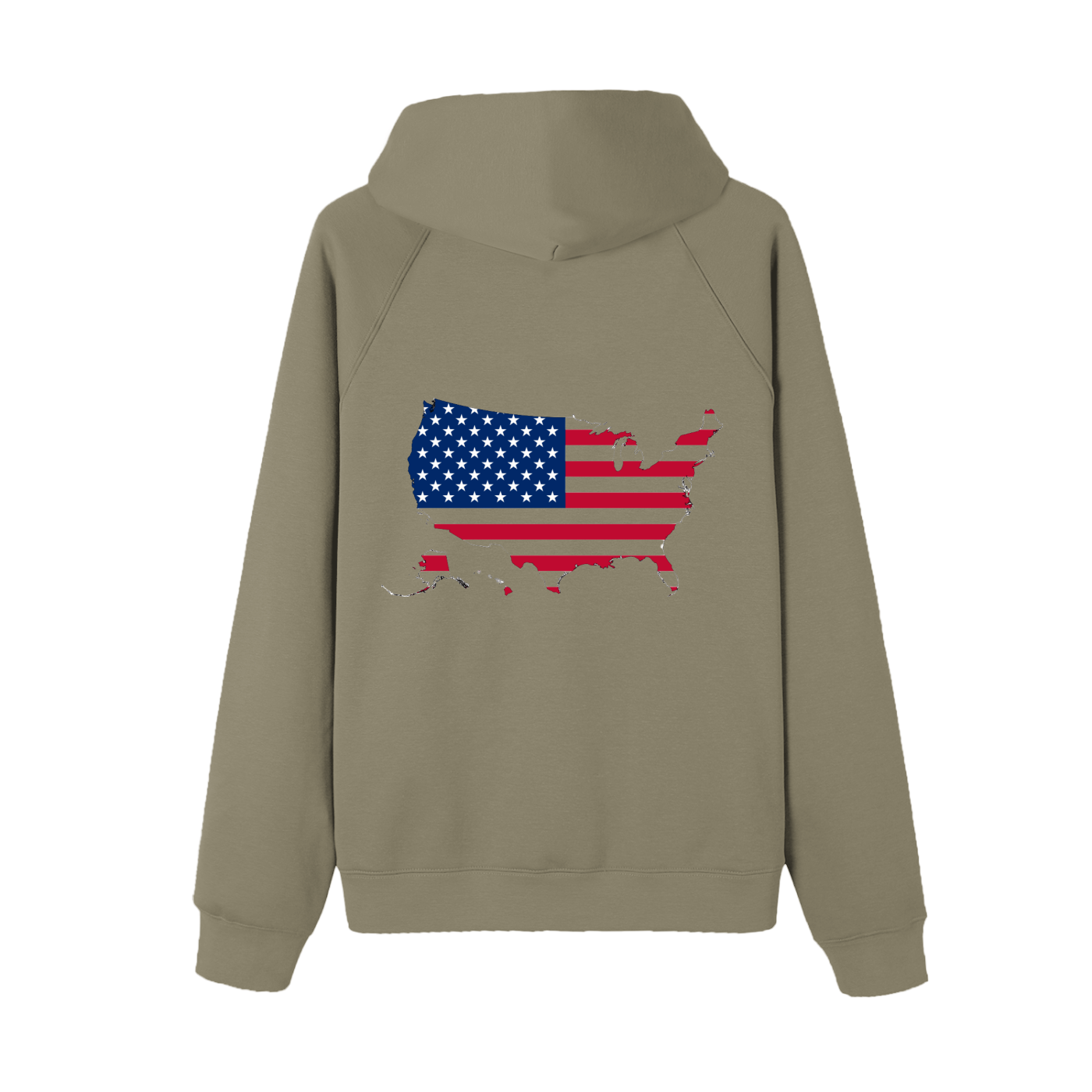 VERON Khaki hoodie with American flag design on the back against a white background