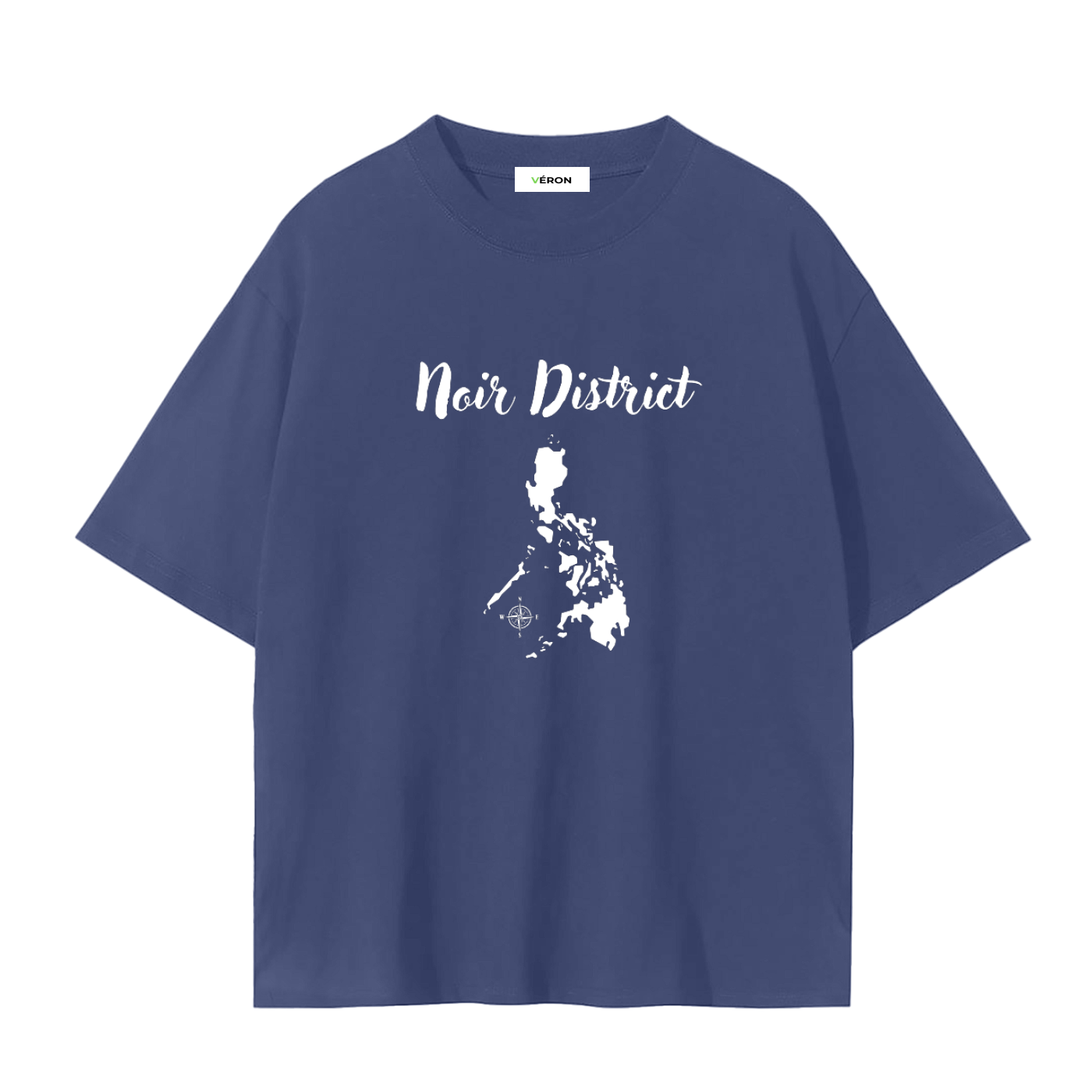 Navy blue t-shirt with 'Noir District' text and map design on a white background