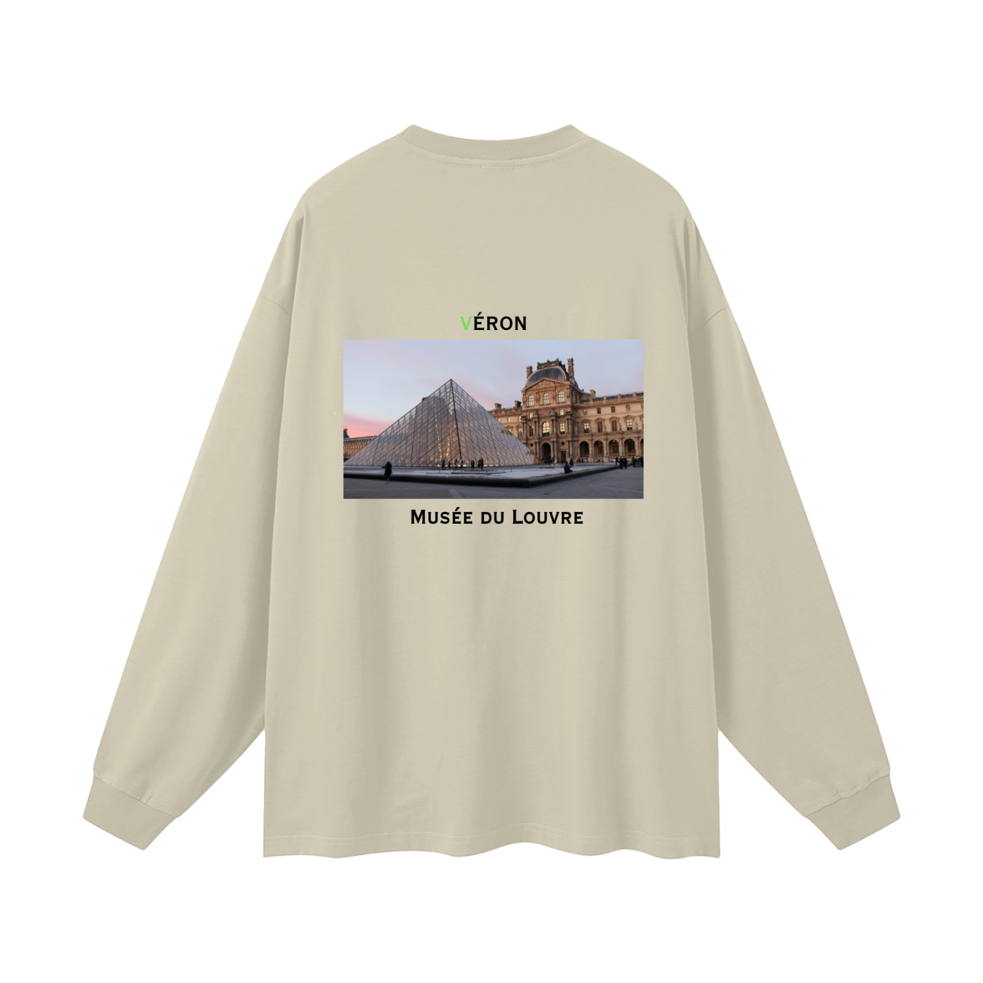 Beige long-sleeve shirt with a graphic of the Louvre Museum on the back.