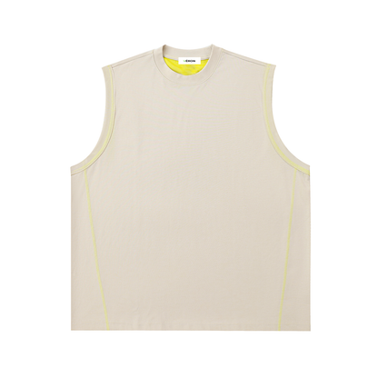 Beige sleeveless top with yellow accents on a white background