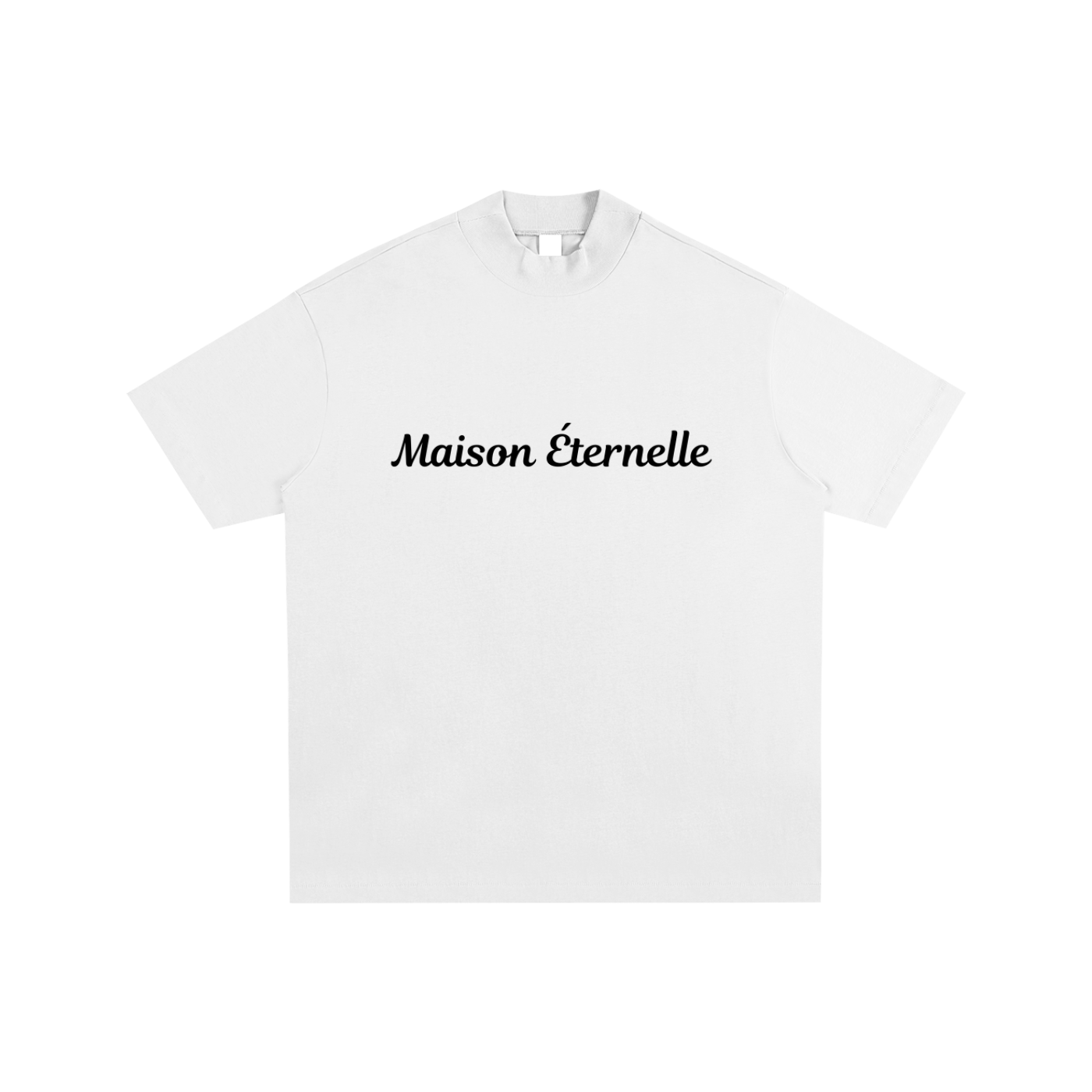 White t-shirt with 'Maison éternelle' text on a white background