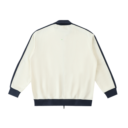 White jacket with navy accents on a white background