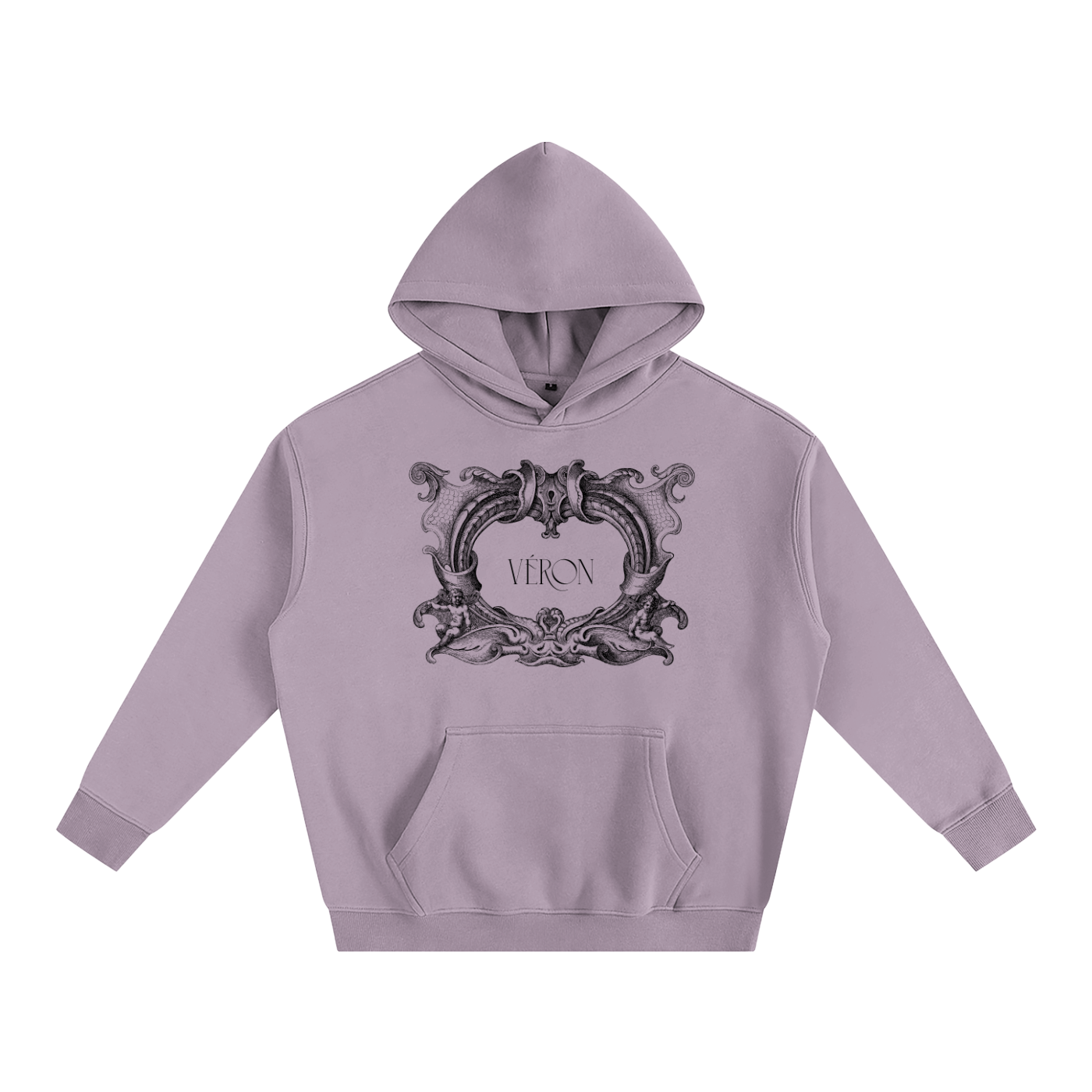 Purple hoodie with decorative emblem and 'VERON' text on a white background