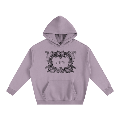 Purple hoodie with decorative emblem and 'VERON' text on a white background