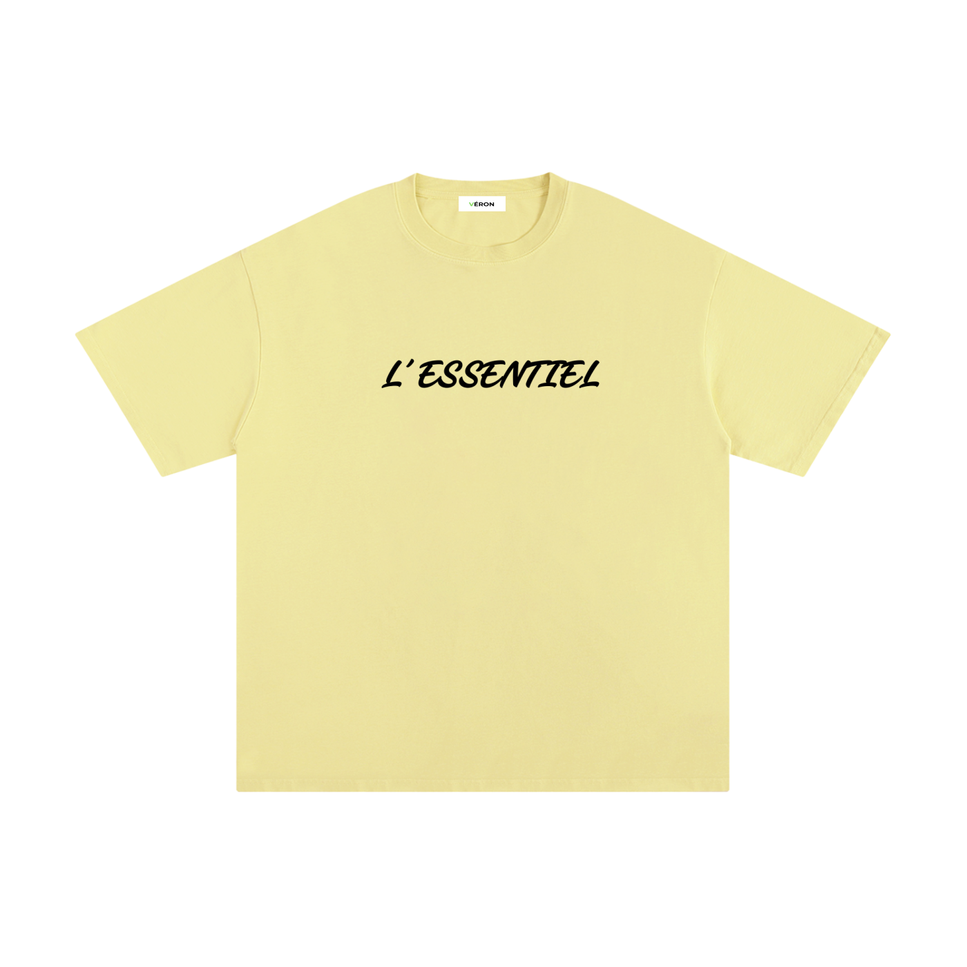 Yellow t-shirt with 'L'ESSENTIEL' text on a white background