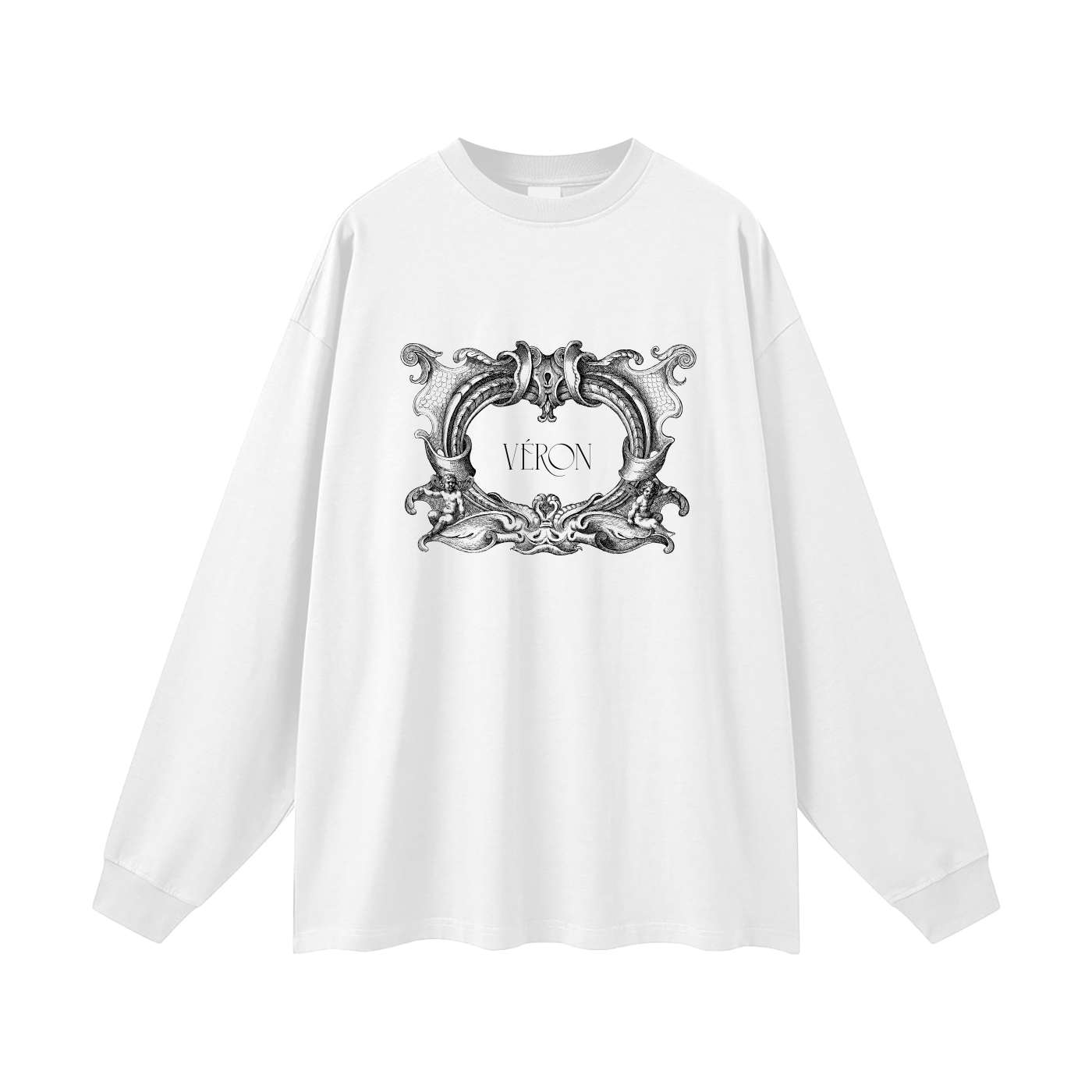 White long-sleeve shirt with decorative graphic and 'VERON' text on a white background