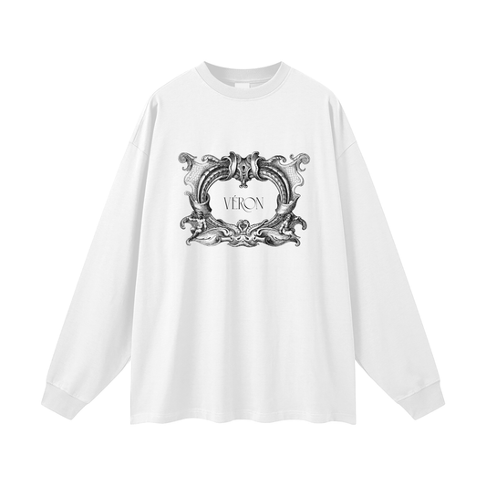 White long-sleeve shirt with decorative graphic and 'VERON' text on a white background