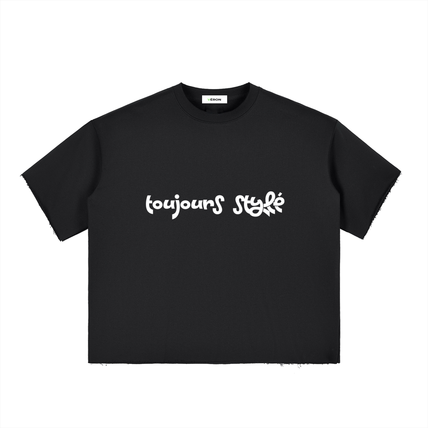 Black t-shirt with white text 'toujours stylé' on a white background