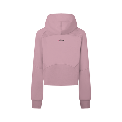 Pink hoodie with a brand logo on the back against a white background