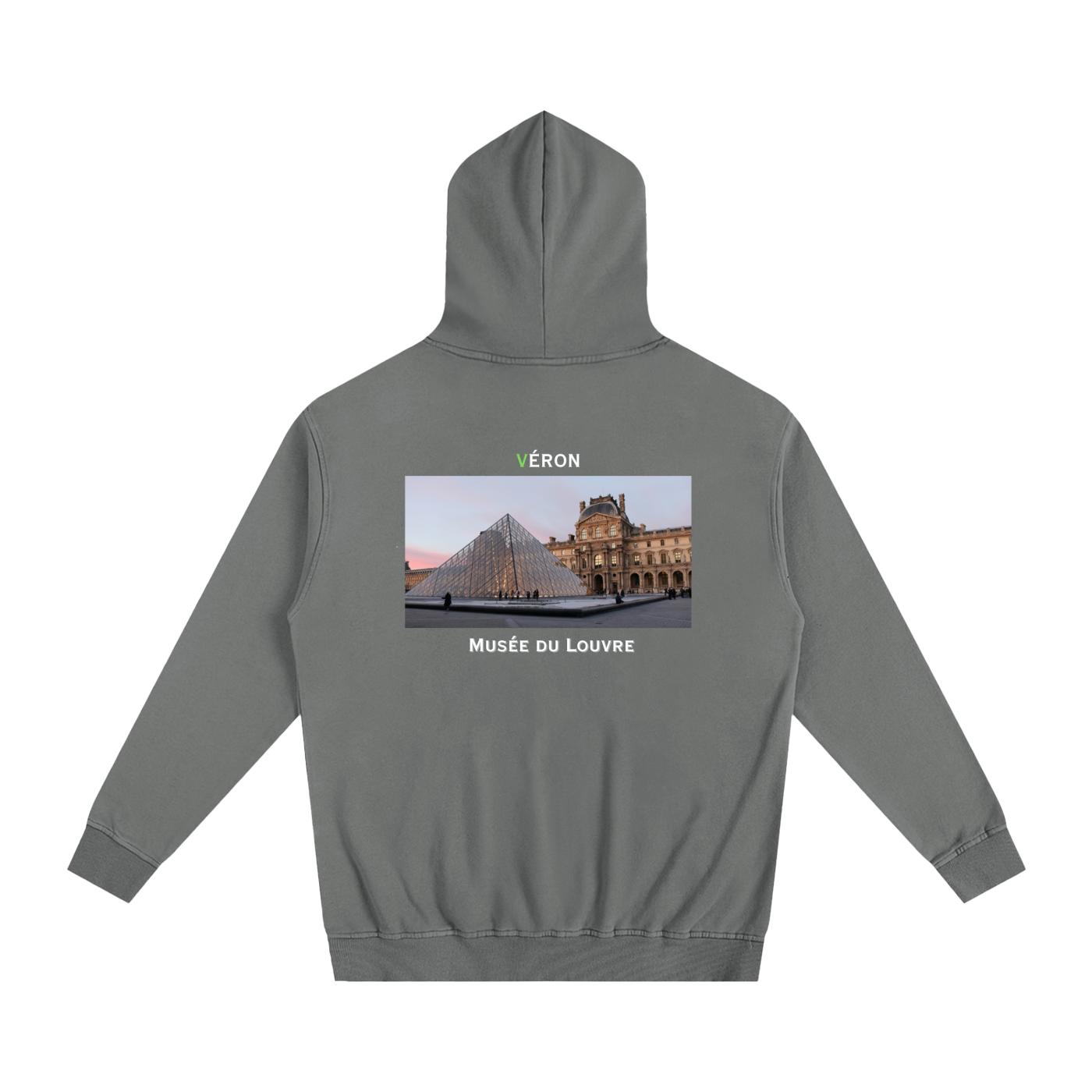 Gray hoodie with a printed design on the back featuring the Louvre Museum.